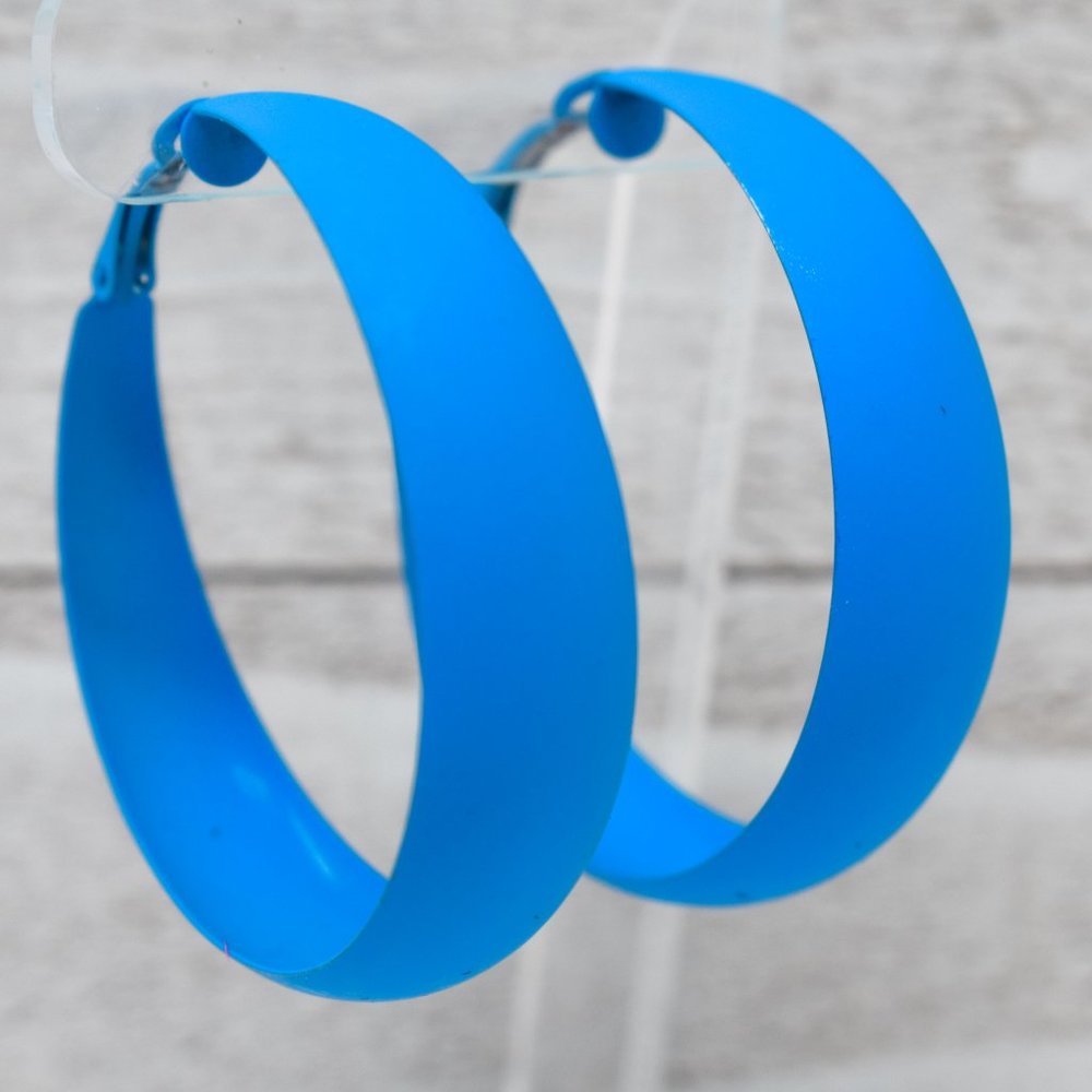 2" Blue Matte Texture Retro 80's Hoop Earrings
